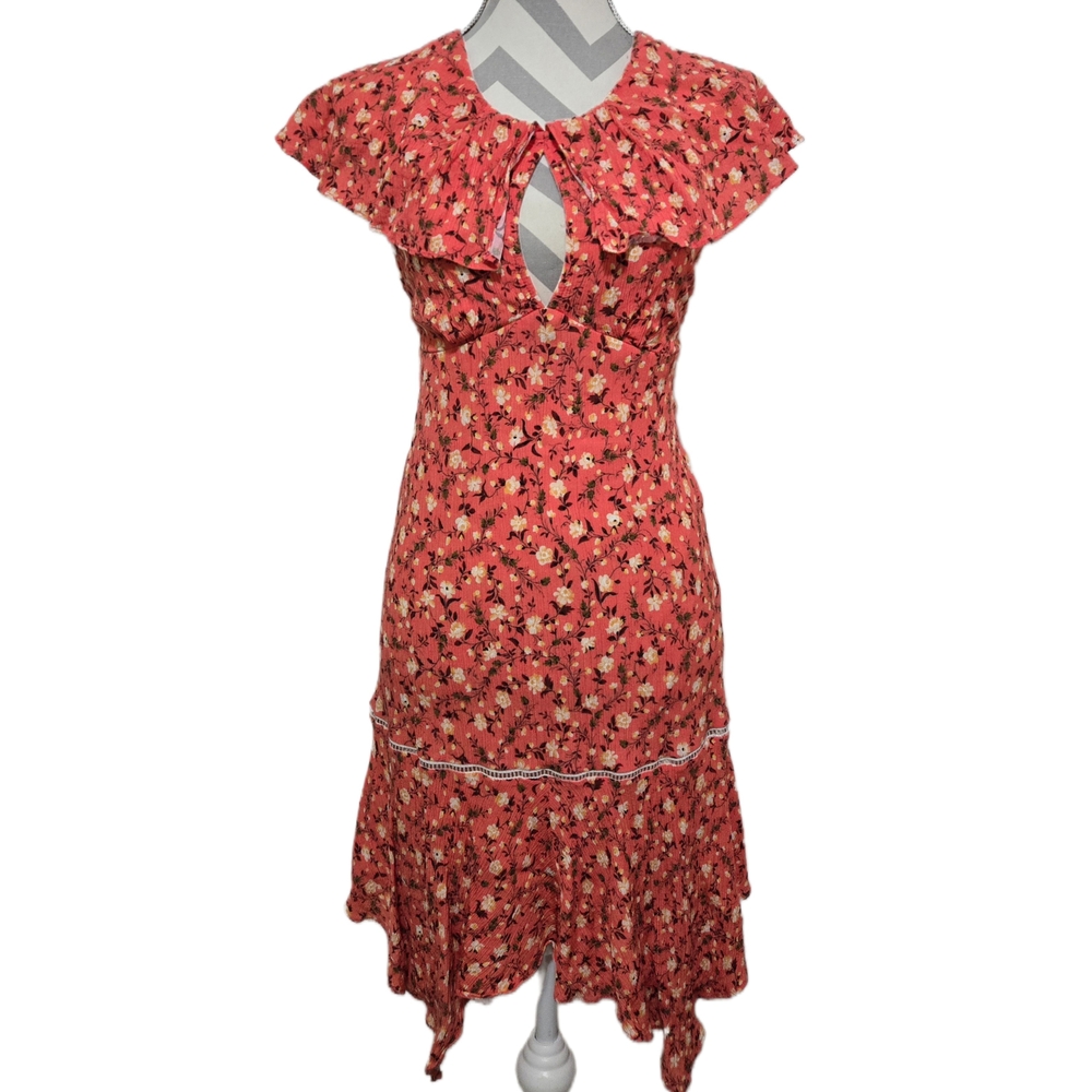 ABS ALLEN SCHWARTZ Chic Floral Dress in Coral with Sharkbite Hem Size 2